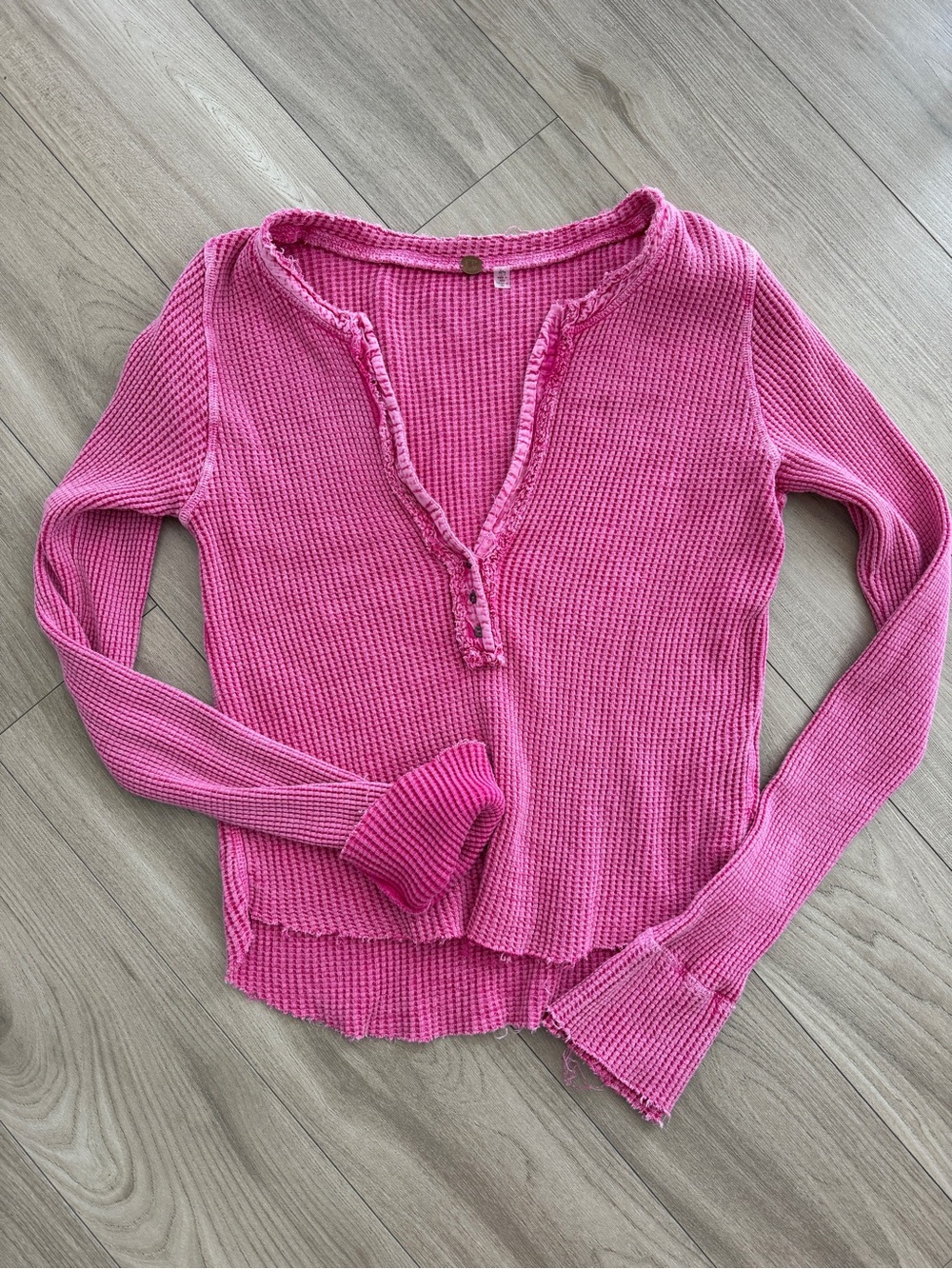 Free People Bright Pink Waffle Knit Henley Long Sleeve